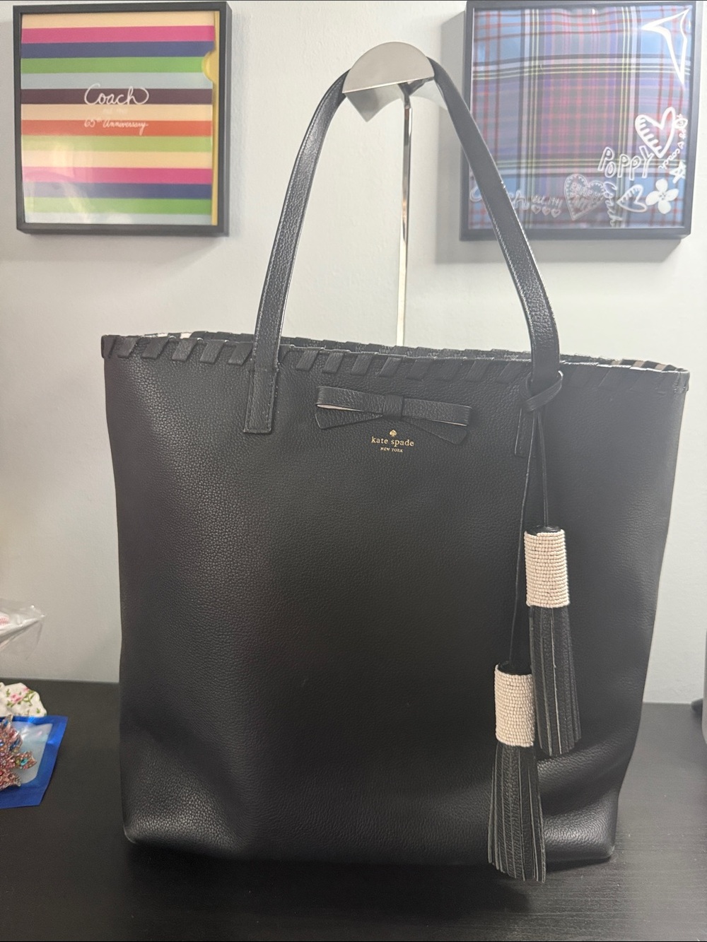 kate spade On Purpose Black Leather Tote with Tassel Accents